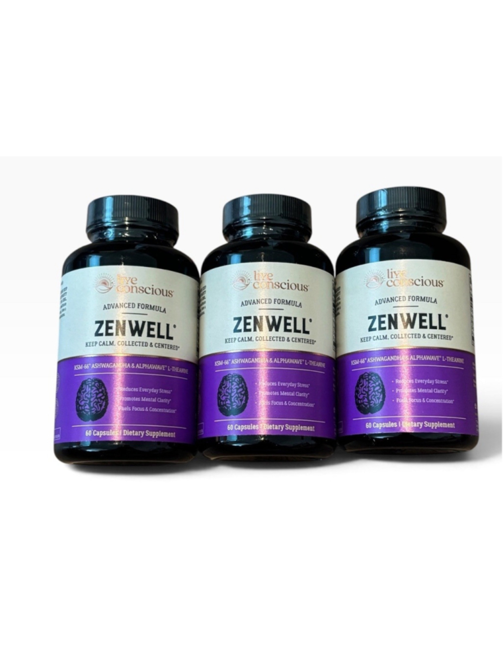 Set Of 3 Live Conscious ZenWell KSM-66 Ashwagandha, L-Theanine & AlphaWave